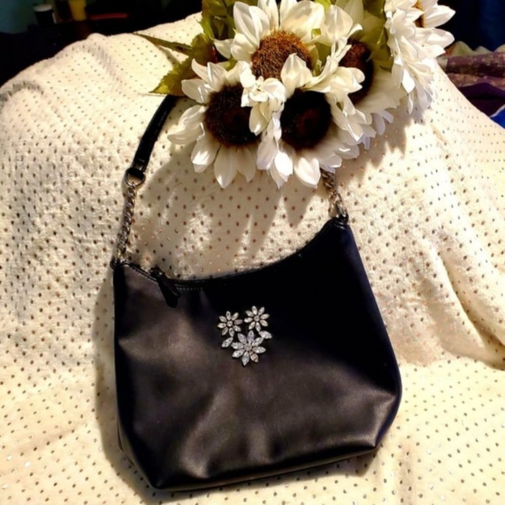 Vintage 90's Liz Claiborne Leather Evening Bag Crystal Flowers Y2K